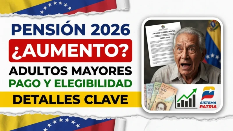 Aumento de pensión para adultos mayores en Venezuela 2026: elegibilidad y detalles de pagoTheme: Aumento de pensión para adultos mayores en Venezuela 2026 – elegibilidad y detalles de pago BACKGROUND clean white paper texture light grain breaking news + finance update style minimal design no gradient no clutter TOP & BOTTOM BORDER torn paper strips (top & bottom) style: realistic torn edge paper cut effect clean news banner look FLAG RULE (IMPORTANT) use only ONE Venezuela flag per strip do NOT repeat pattern no multiple small flags flag style: yellow, blue, red tricolor stars visible large flag slightly faded ink printed on paper natural look partially visible LEFT SIDE (60% TEXT) Top headline (dark blue bold): PENSIÓN 2026 Main focus box (red rectangle): ¿AUMENTO? Below (black bold): ADULTOS MAYORES Next line (green bold): PAGO Y ELEGIBILIDAD Bottom yellow banner: DETALLES CLAVE Rules: tight spacing no empty space clean alignment balanced font mobile readable RIGHT SIDE (40% FRAME) white rounded card frame all visuals inside frame use REALISTIC photos Inside frame: Top: documento oficial / anuncio de gobierno Center: adulto mayor venezolano emocionado o sorprendido Bottom: billetes bolívares gráfico de aumento icono pago / sistema patria Frame style: white card rounded corners soft shadow clean border breaking news + finance style STYLE realistic no cartoon no illustration finance/news style high contrast sharp shadow ultra HD professional YouTube thumbnail TECH 16:9 1280x720+ mobile optimized high CTR layout FINAL KEYWORDS aumento pension venezuela pension 2026 adultos mayores pagos venezuela sistema patria pension beneficios sociales venezuela venezuela flag white paper background torn paper border realistic thumbnail high ctr youtube thumbnail